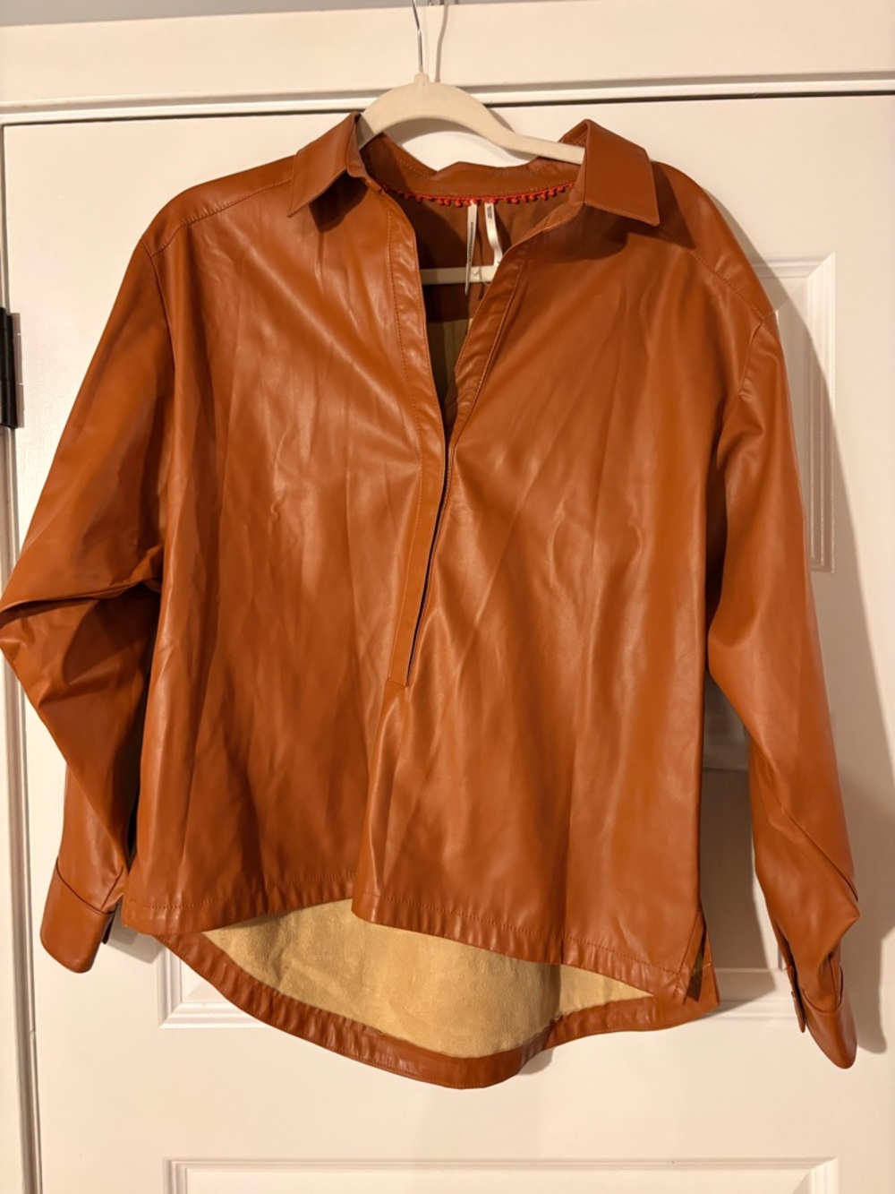 Anthropologie Cognac Faux Leather Jacket with Coral Trim